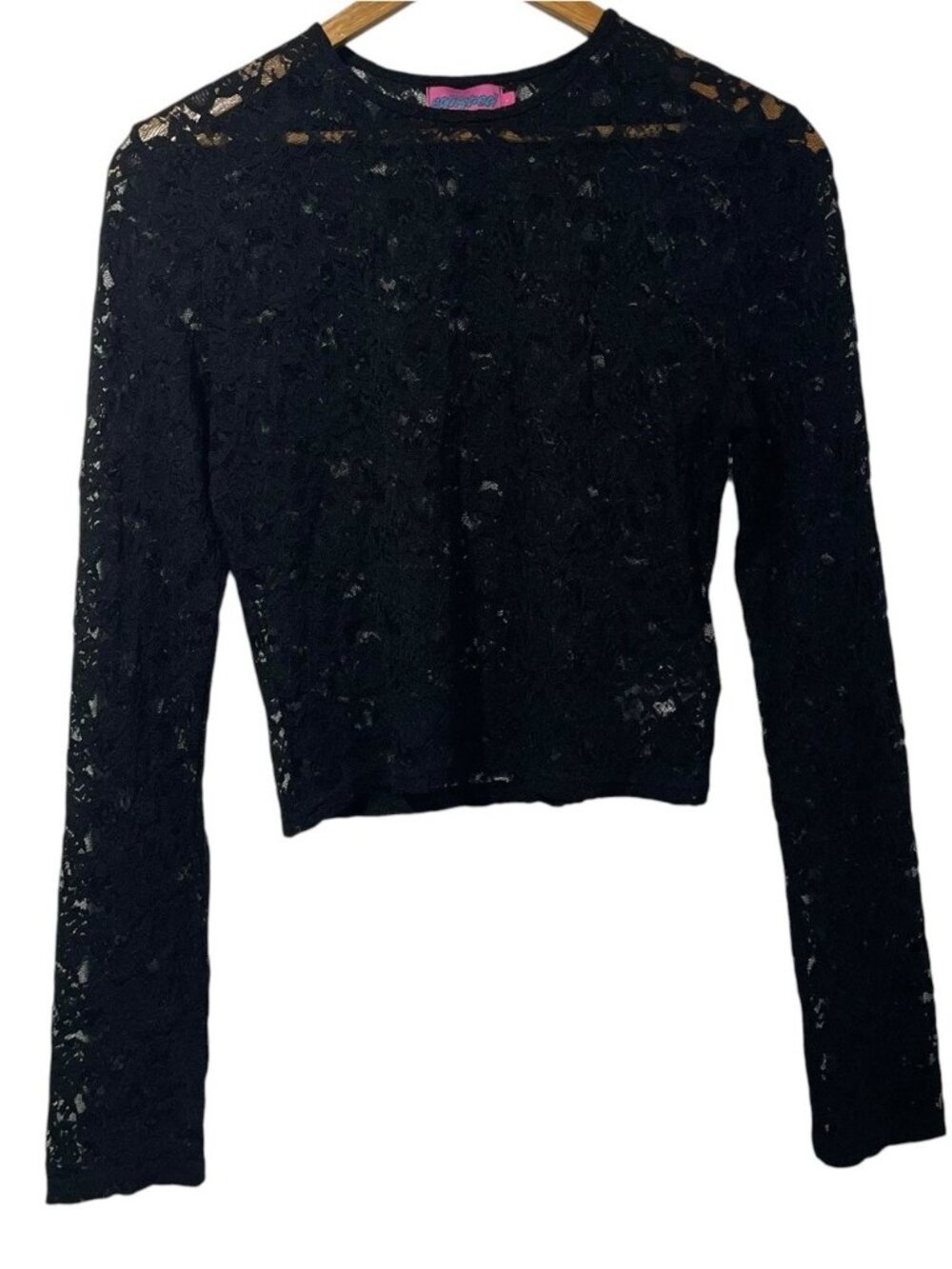 Edikted Black Floral Lace Sheer Mesh Long Sleeve Top Cropped Sz L Whimsigoth